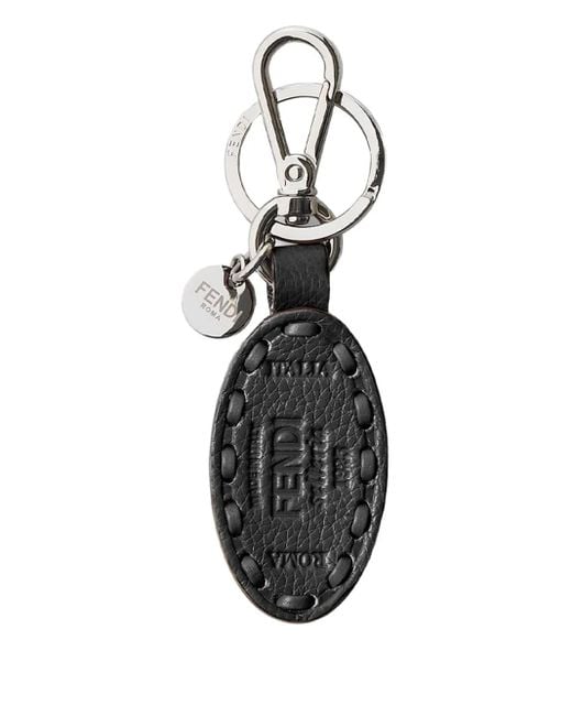 メンズ Fendi オーバルフレーム レザーキーホルダー Black