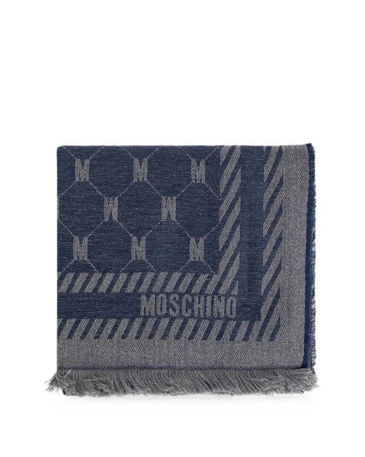 Moschino Blue Monogram-Print Frayed Scarf