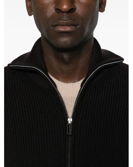 Paolo Pecora Black Ribbed-Knit Zip-Up Sweater for men