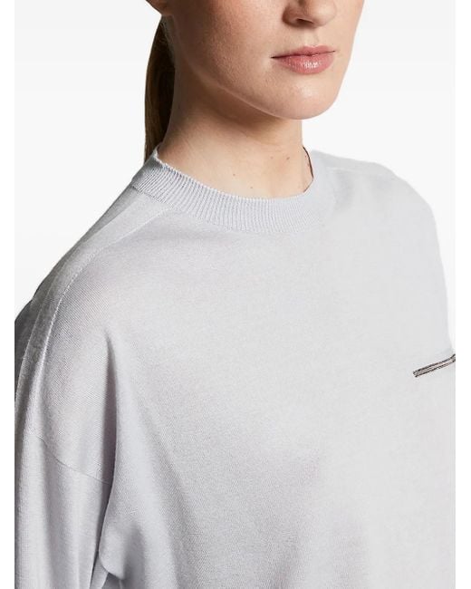 Peserico Gray Three-Quarter Sleeve Embellished Knitted Top