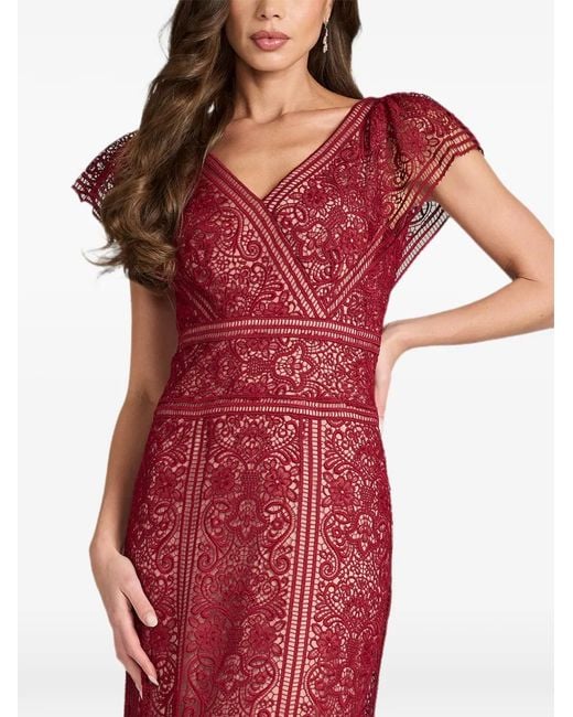 Tadashi Shoji Red Taryn Trackwork Lace-Overlay Maxi Gown