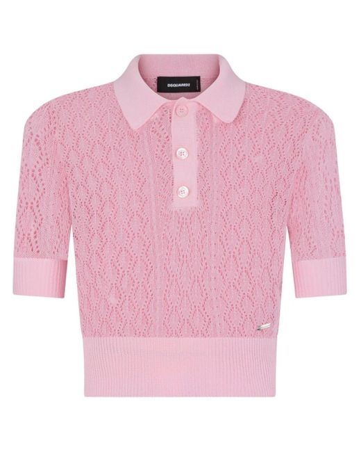 DSquared² Pink Pointelle-knit Cropped Polo Top