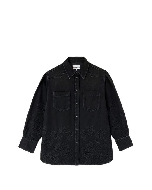 Ganni Black Broderie-Anglaise Denim Shirt