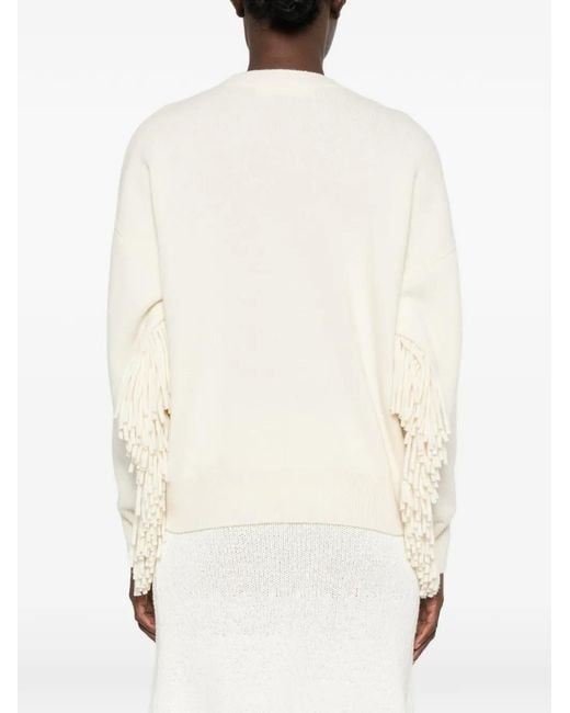 FEDERICA TOSI Natural Crew-Neck Long-Sleeve Fringed Wool Sweater