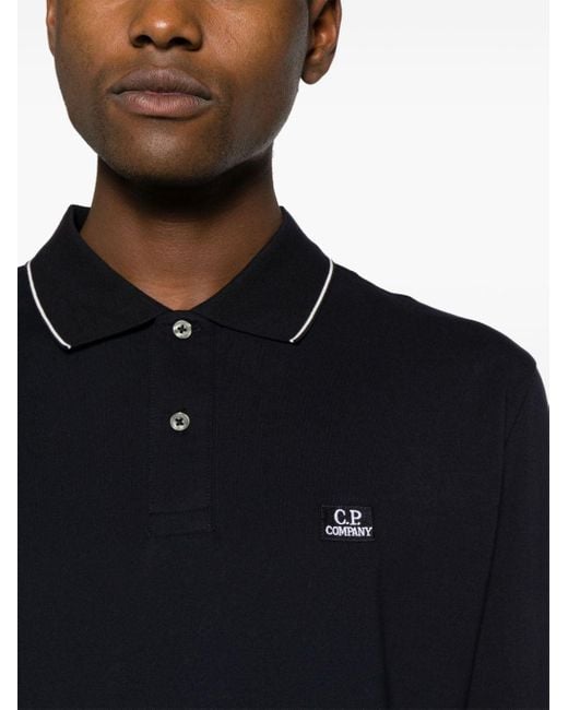 C P Company Blue Logo-patch Long-sleeve Polo Shirt for men