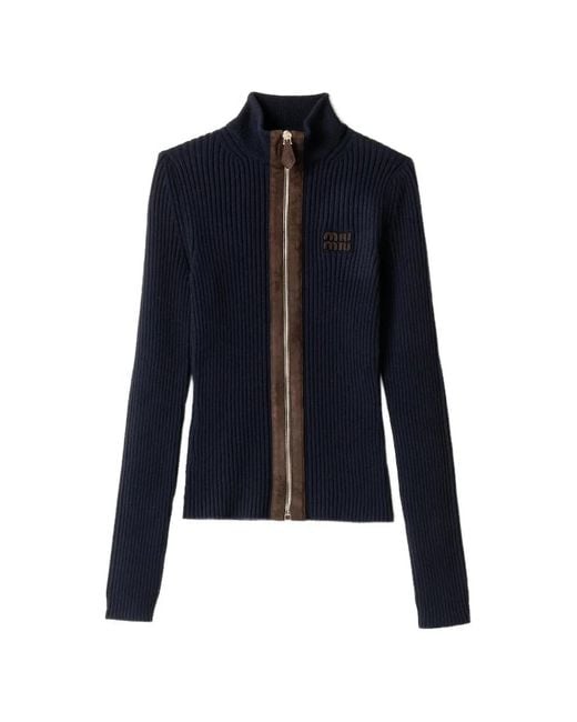 Miu Miu Blue Cashmere And Leather Zipper Cardigan