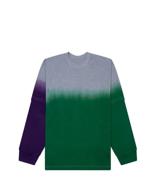 Sacai Green Garment-Dye Pocket Long-Sleeve T-Shirt for men