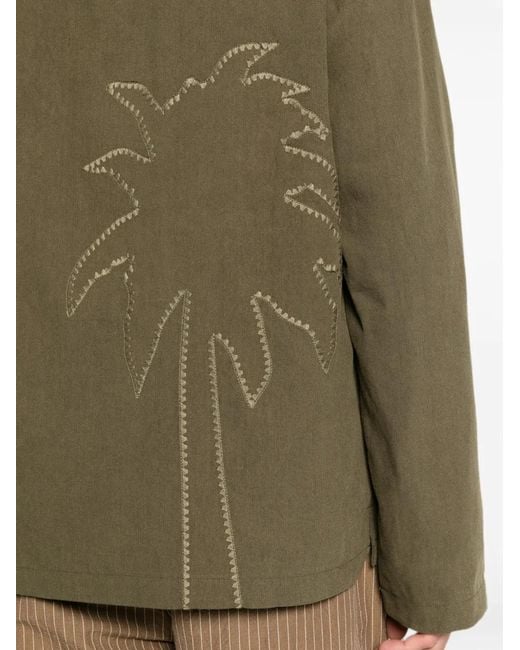 Commas Green Palm-Embroidered Patch-Pocket Overshirt for men
