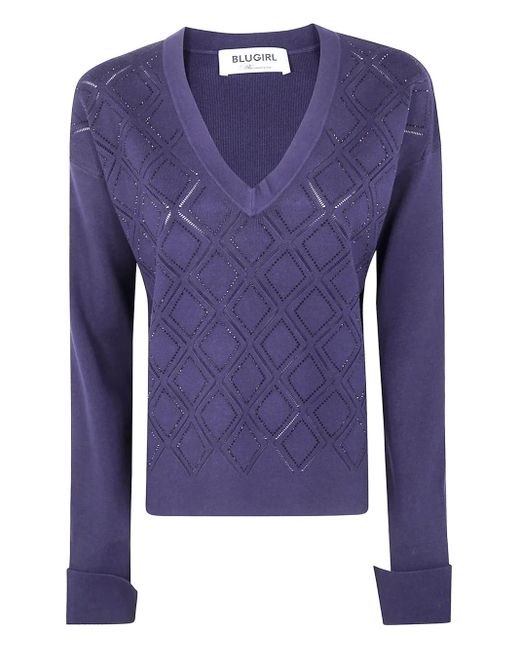 Blugirl Blumarine Blue Verzierter Pullover Mit V-Ausschnitt