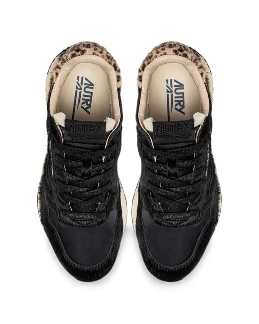 Autry Black Reelwind Low Leopard-Print Pony-Hair Sneakers