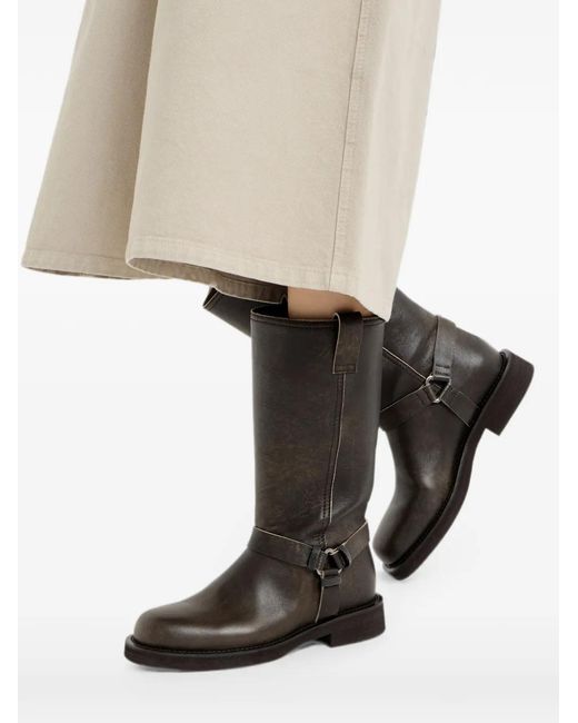 Brunello Cucinelli Black Leather Biker Boots With Shiny Loops