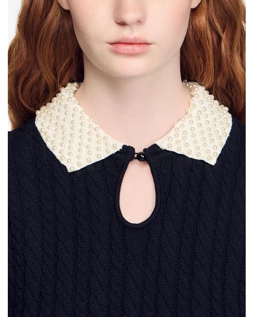 Sandro Black Detachable Collar Cable Knit Sweater