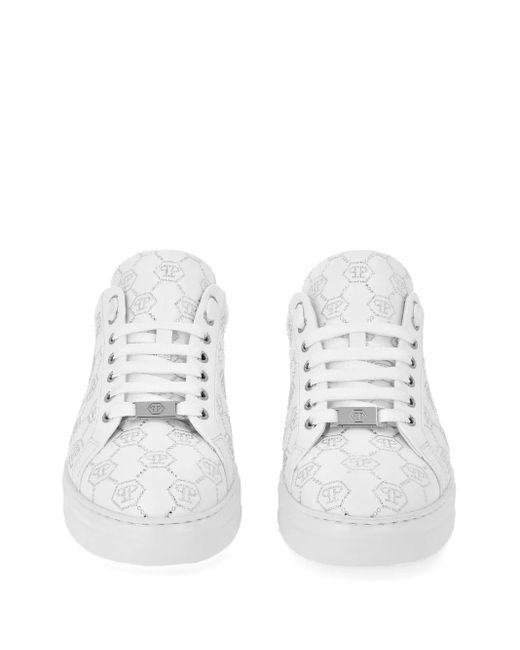 Philipp Plein White Low Top Sneakers Carson Monogram Strass