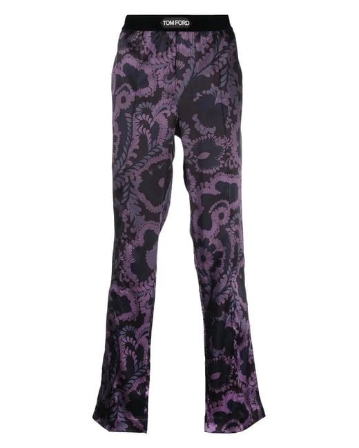 Tom Ford Blue Floral-Print Stretch-Satin Trousers for men