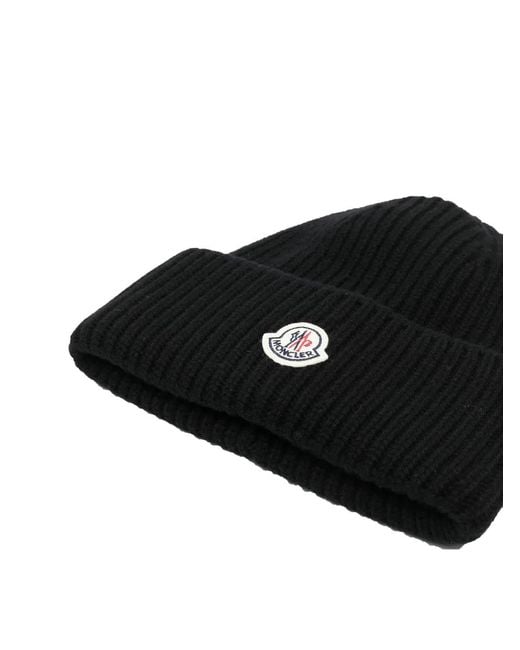 Moncler Black Logo-Patch Ribbed Beanie