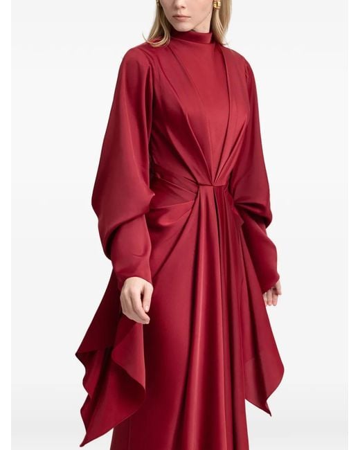 Gemy Maalouf Red Draped-Waist Ruffled-Sleeve Maxi Dress