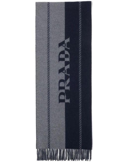 Prada Blue Logo-Jacquard Wool Scarf for men