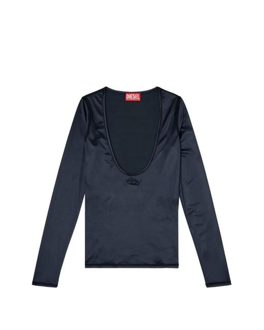 DIESEL Blue Nylon Slim Top Scoop Neck With Logo Oval D Embroidery