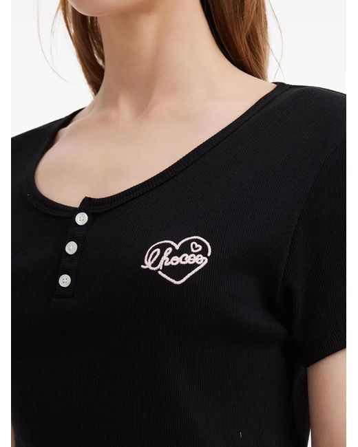 Chocoolate Black Ribbed Button-Embellished T-Shirt