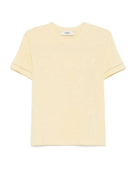 Fendi Natural Logo-Embroidered T-Shirt