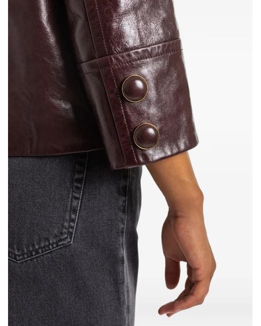 Chloé Brown Fur-Collar Glossy Leather Jacket