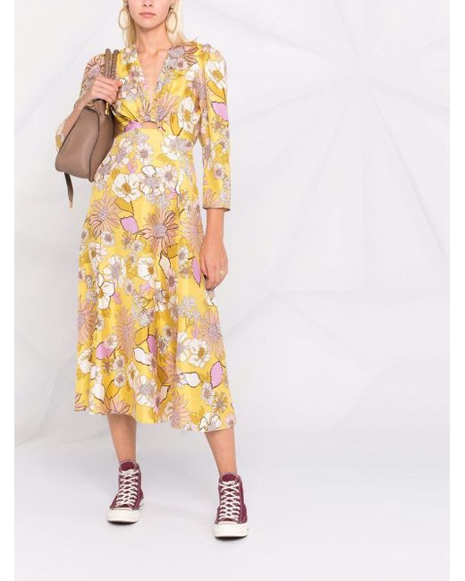 Sandro Yellow Florales Kleid mit V-Ausschnitt