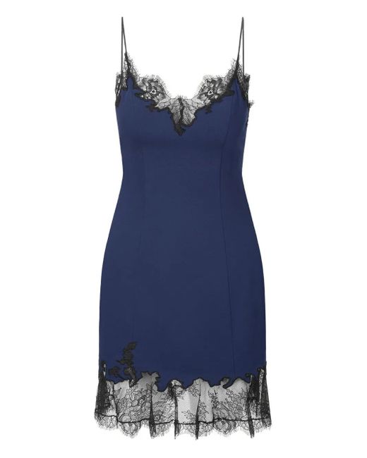 Staud Blue Lace-Trimmed Slip Mini Dress