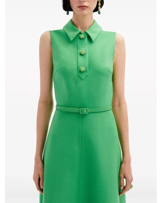 Oscar de la Renta Green Cactus Button-Detail Belted Midi Dress