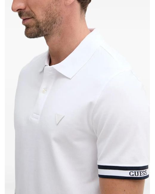 Guess White Lyle Logo-Patch Striped-Trim Polo Shirt for men