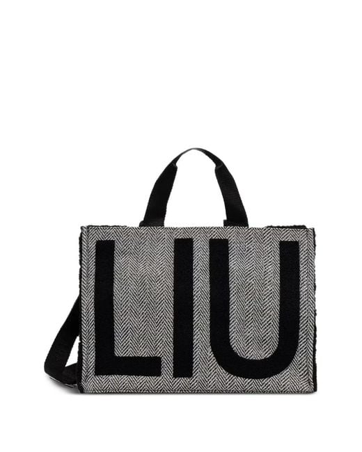 Liu Jo Black Large Check-Pattern Logo-Patch Tote Bag