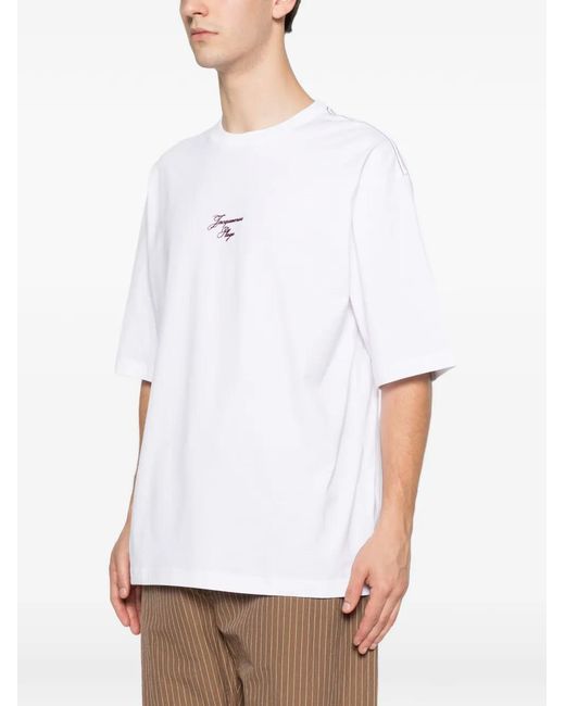 Jacquemus White Embroidered Logo-Print T-Shirt for men