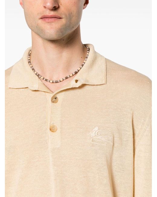 Etro Natural Pegaso-embroidered Knitted Polo Shirt for men