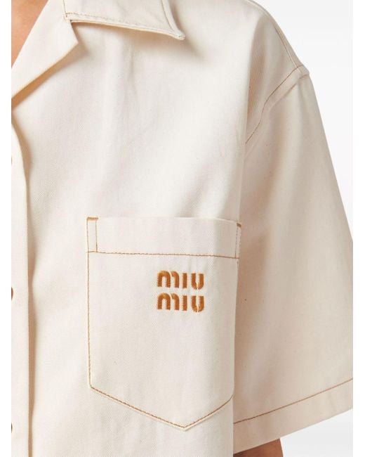 Miu Miu Natural Cropped-Hemd mit Logo-Stickerei