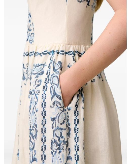 Robe Mi-Longue En Lin À Fleurs Claudie Pierlot en coloris White