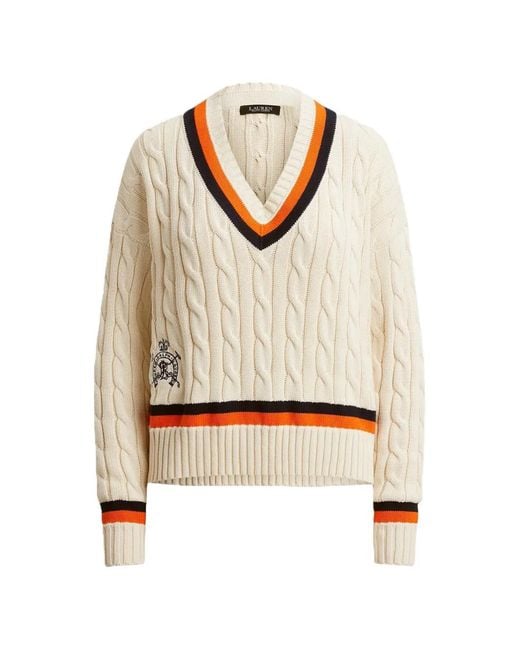 Ralph Lauren White Cable-Knit V-Neck Sweater