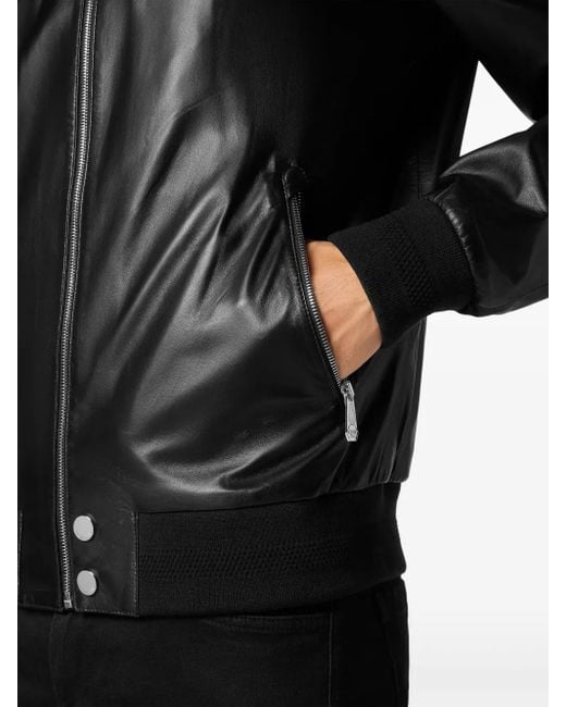 Philipp Plein Black Leather Bomber Jacket for men