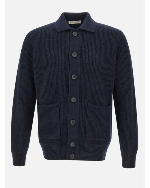 FILIPPO DE LAURENTIIS Blue Ribbed Patch-Pocket Cardigan for men
