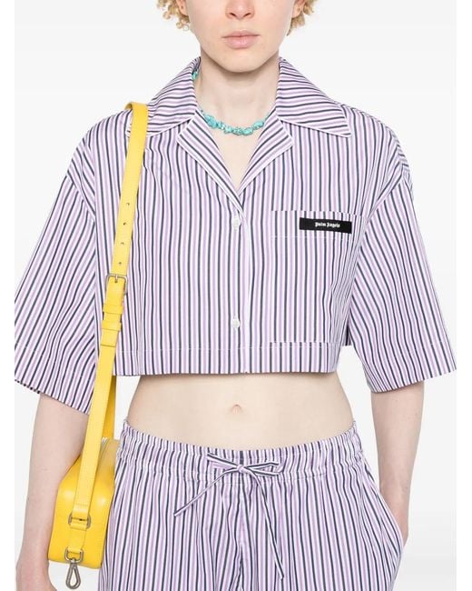 Palm Angels Purple Logo-Tag Cropped Striped Shirt