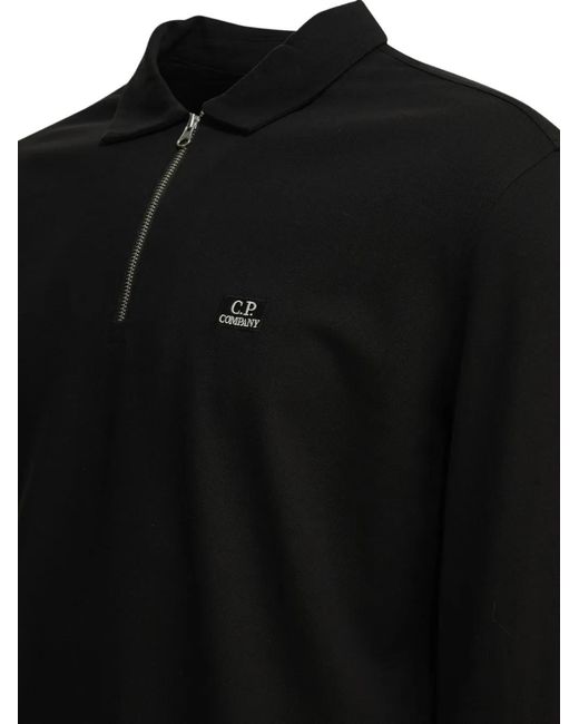 C P Company Black Stretch Piquet Long Sleeve Zip Polo for men