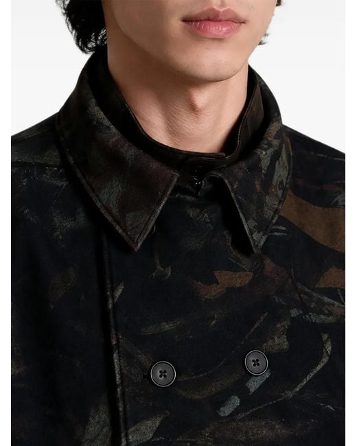 Yohji Yamamoto Black Abstract-Pattern Double-Breasted Coat for men