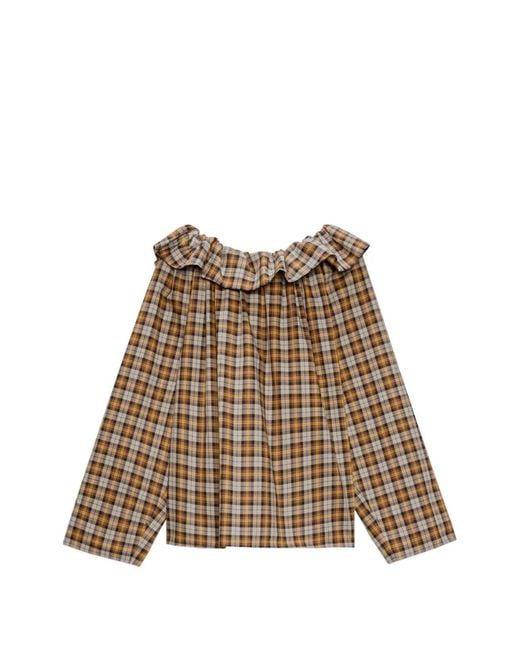 MSGM Brown Ruffled-Detail Plaid-Pattern Blouse