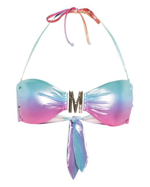 Moschino White Logo-Plaque Metallic Bikini Top