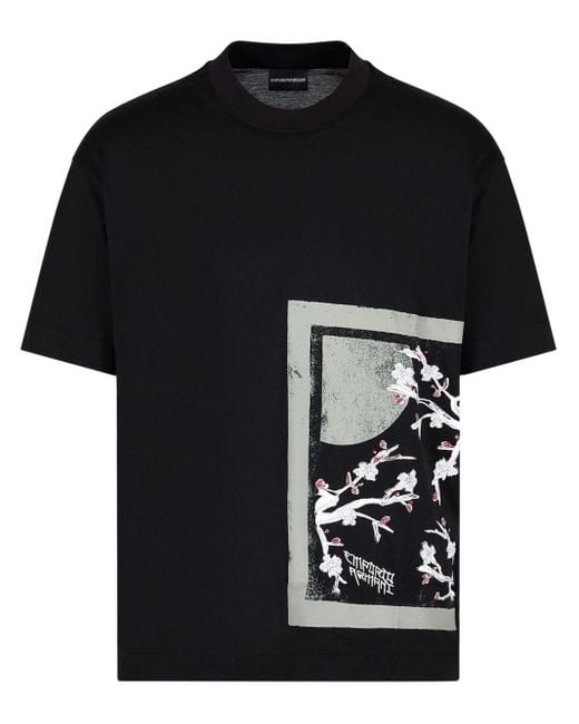 Emporio Armani Black Floral-embroidered Jersey T-shirt for men