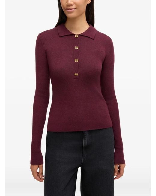 Ganni Purple Buttoned Collared Knitwear