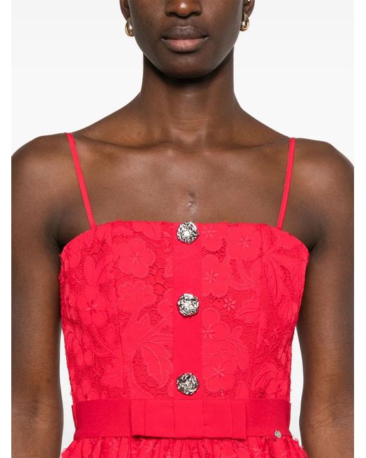 Nissa Red Floral-Lace Midi Dress
