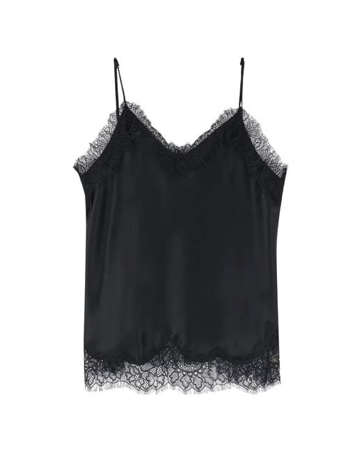 TONYWACK Black Lace-Trim Satin Top