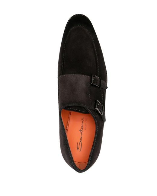 Santoni Black Double-buckle Suede Monk Shoes for men