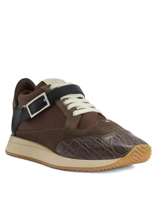 Giuseppe Zanotti Brown Buckle-Strap Crocodile-Effect Low-Top Sneakers