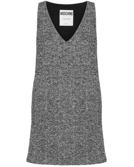 Moschino Gray V-Neck Herringbone-Pattern Dress