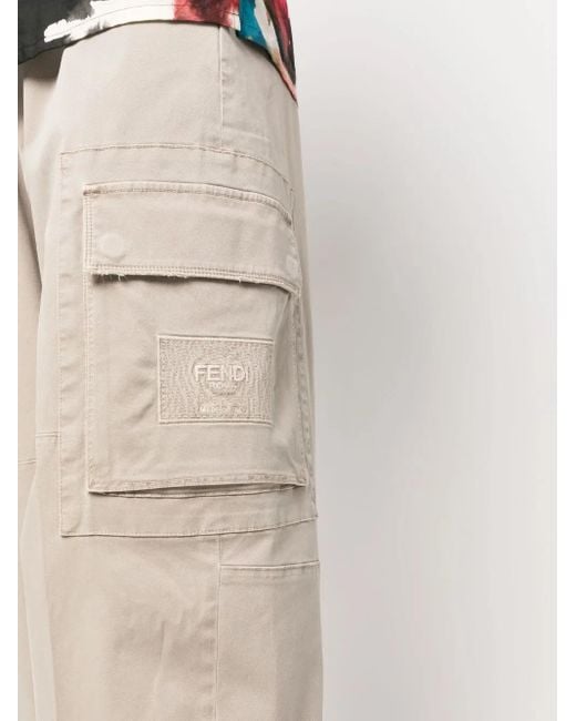 Fendi Natural Wide-Leg Trousers With Logo Patch for men